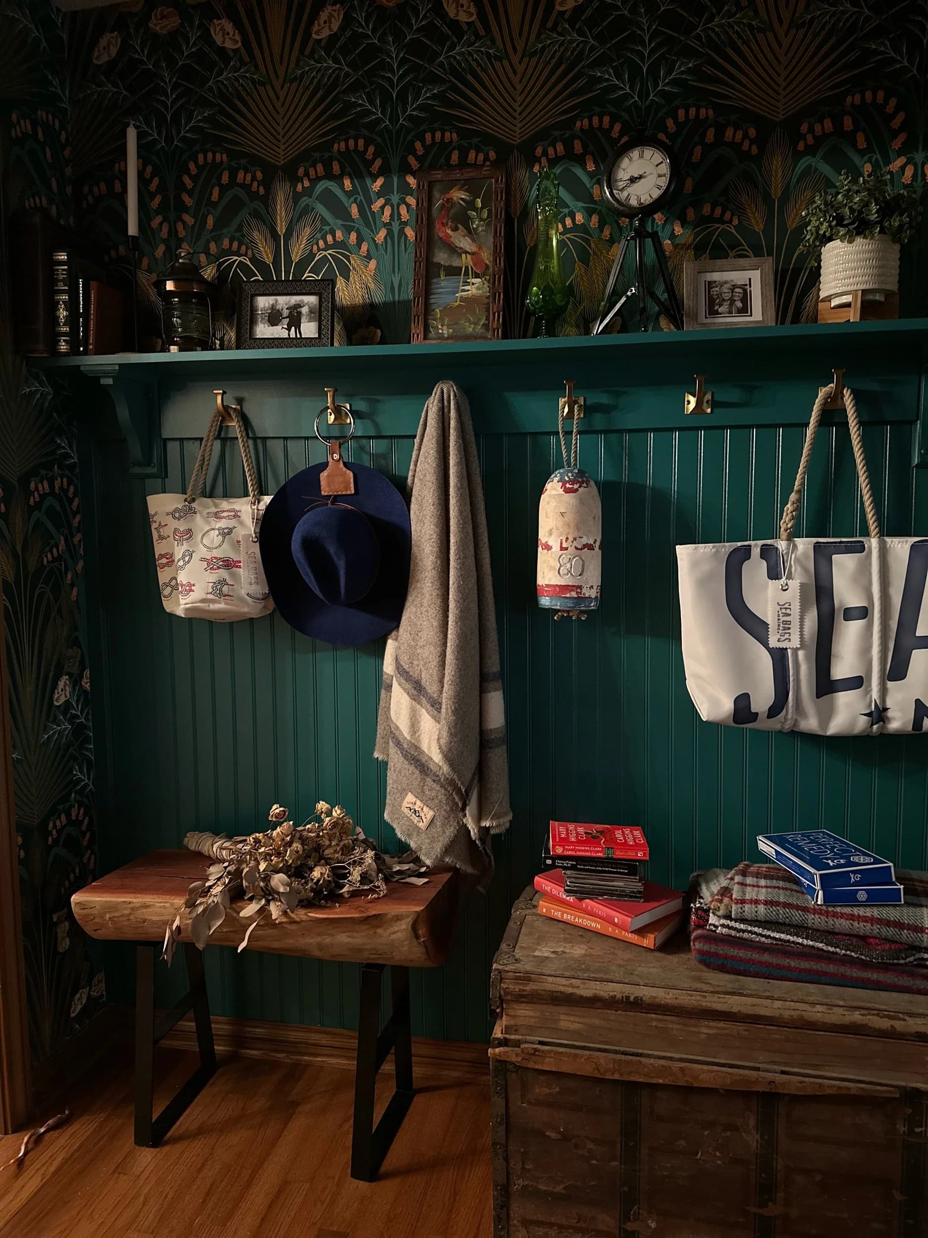 Lifestyle mudroom scene with leather goods